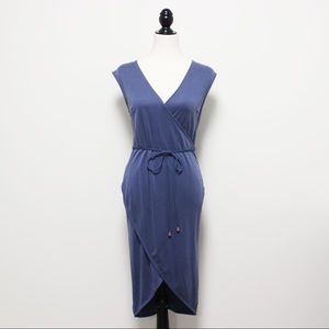 A.N.D. Dusty Blue Faux Wrap Dress Rose Gold V Neck